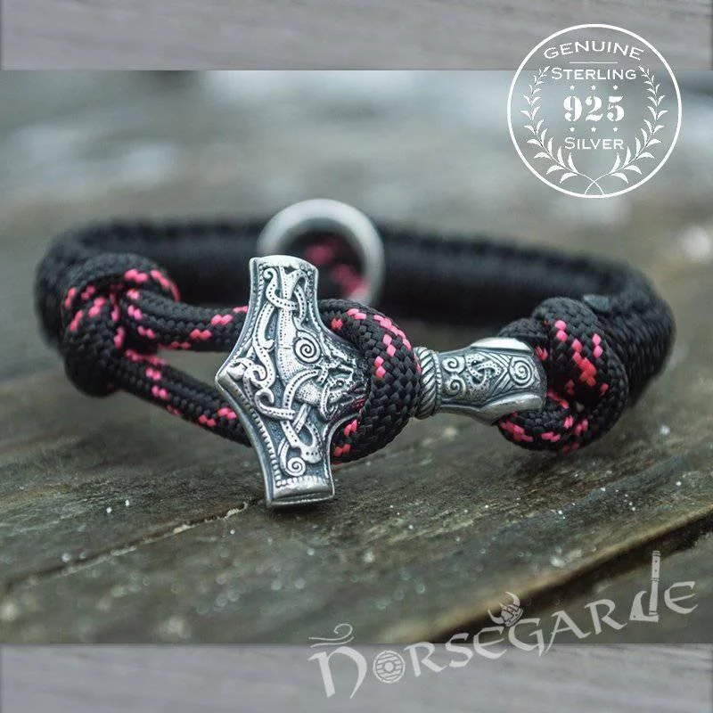 women’s party bangles -Handcrafted Night Paracord Bracelet with Mjölnir and Rune - Sterling Silver