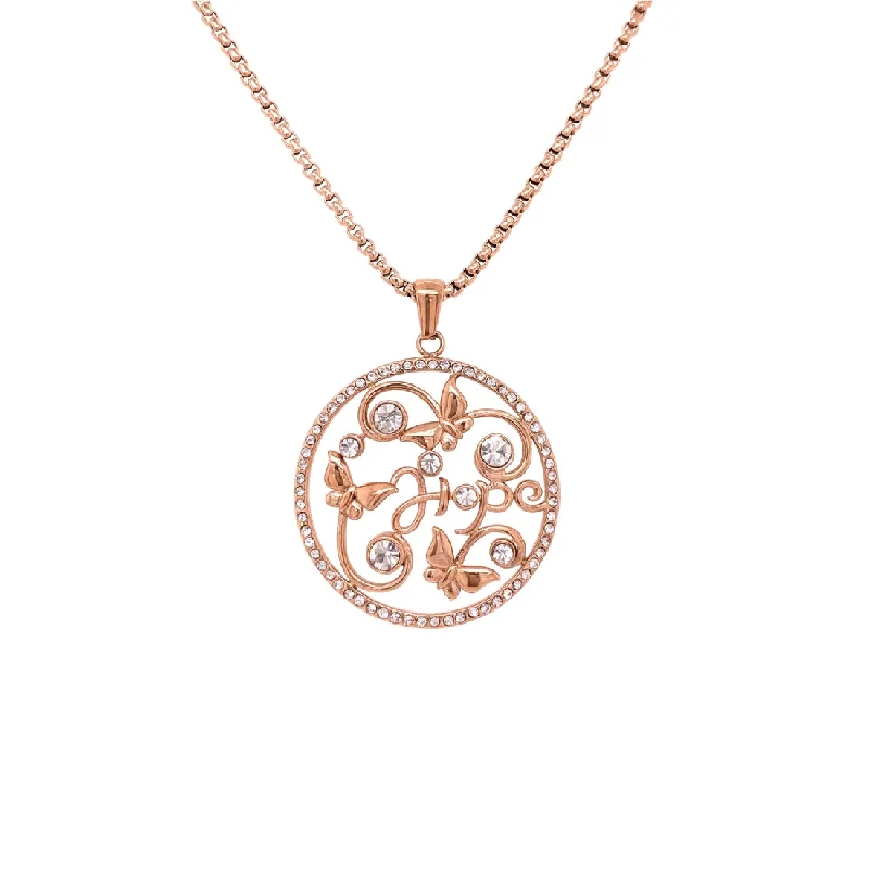 dainty necklaces for women -Rose Stainless Steel Crystal Butterfly Disc Necklace