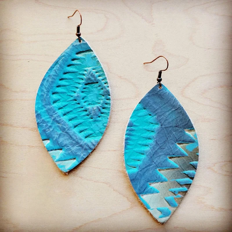 bohemian earrings for women -Leather Oval Aztec Cyan Earring