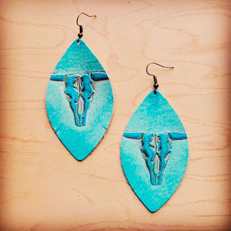 gemstone earrings for women -Leather Oval Earring-Turquoise Steer Head