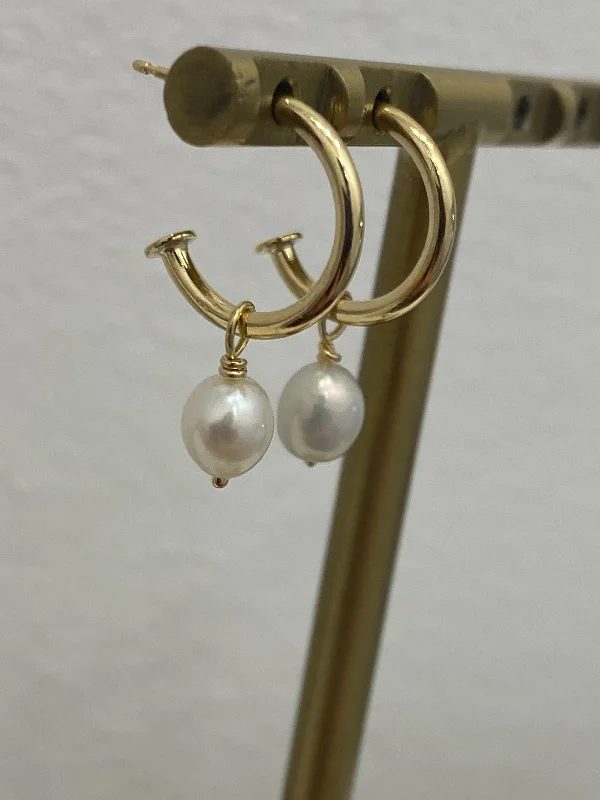 geometric earrings for women -Pearl Hoop 2-Part Earrings - 9ct Gold