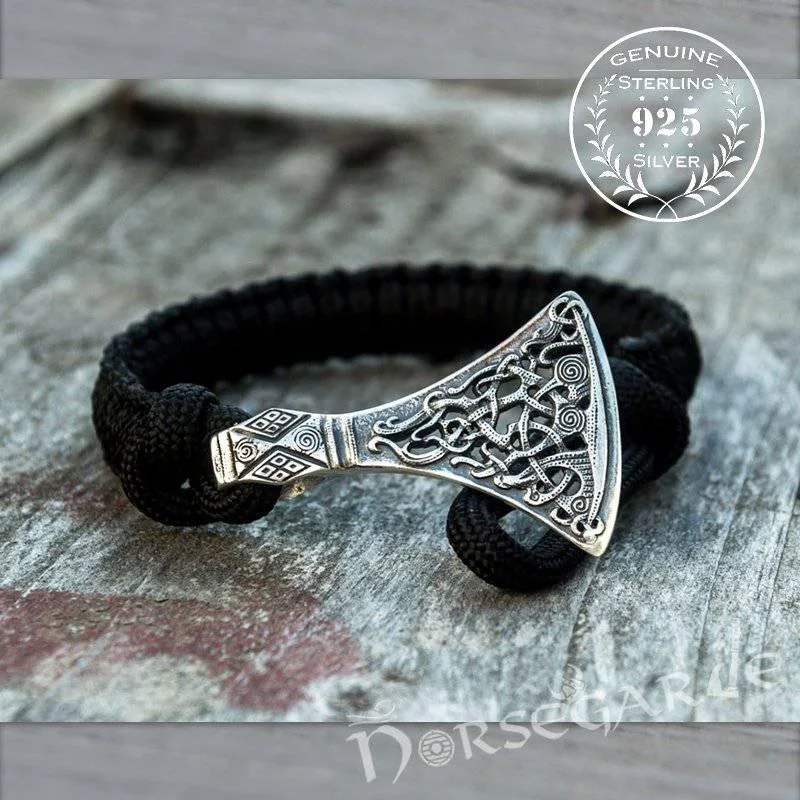 custom engraved bangles for women -Handcrafted Black Paracord Bracelet with Axe Head - Sterling Silver