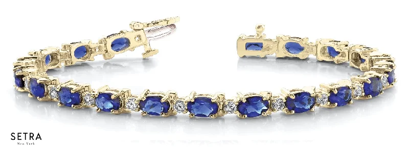 women’s bracelet with charms -Total 9.20ct Oval Cut Natural Genuine Sapphire & Diamonds Bracelet In 14k Gold