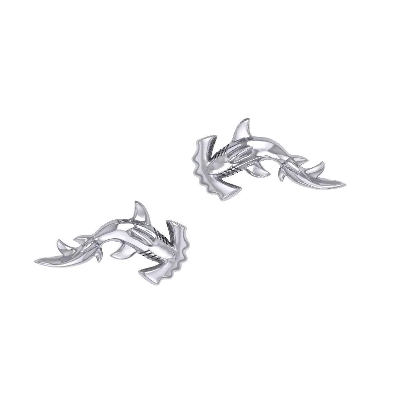 luxury diamond earrings for women -Hammerhead Shark Silver Post Earrings by Peter Stone TER2185