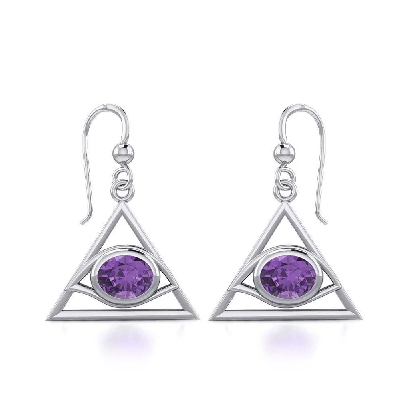 trendy earrings for women -Eye of The Pyramid Silver Earrings with Gem TER1902