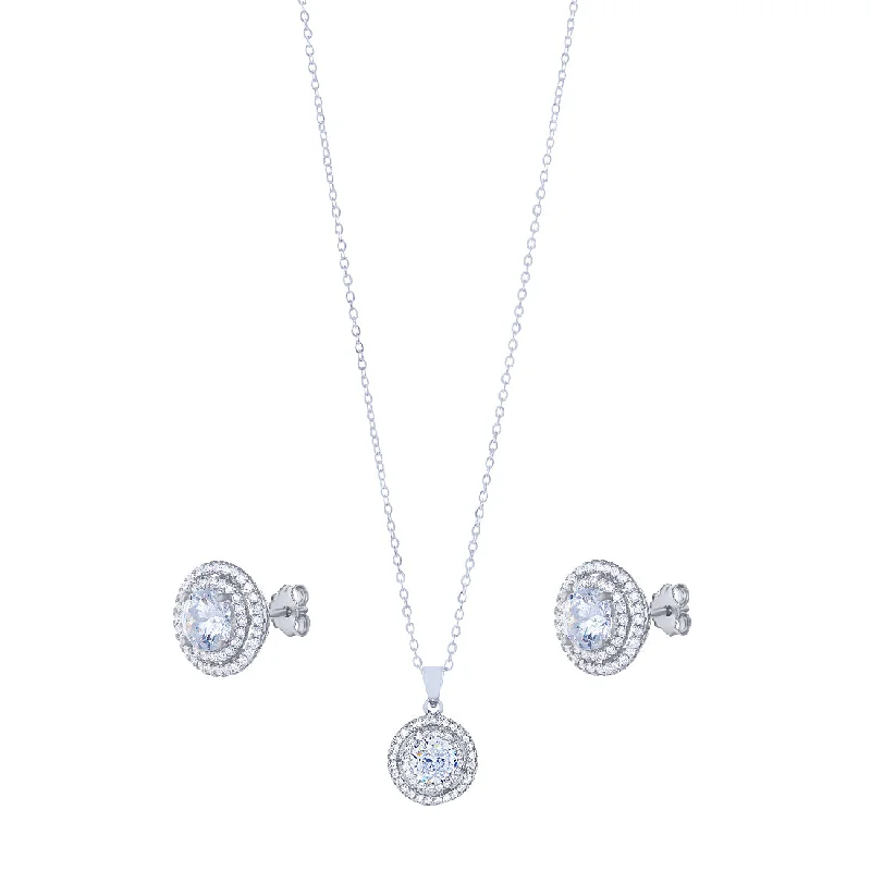 engagement pendant necklaces for women -Sterling Silver Cubic Zirconia Double Halo Stud Earring and Necklace Set