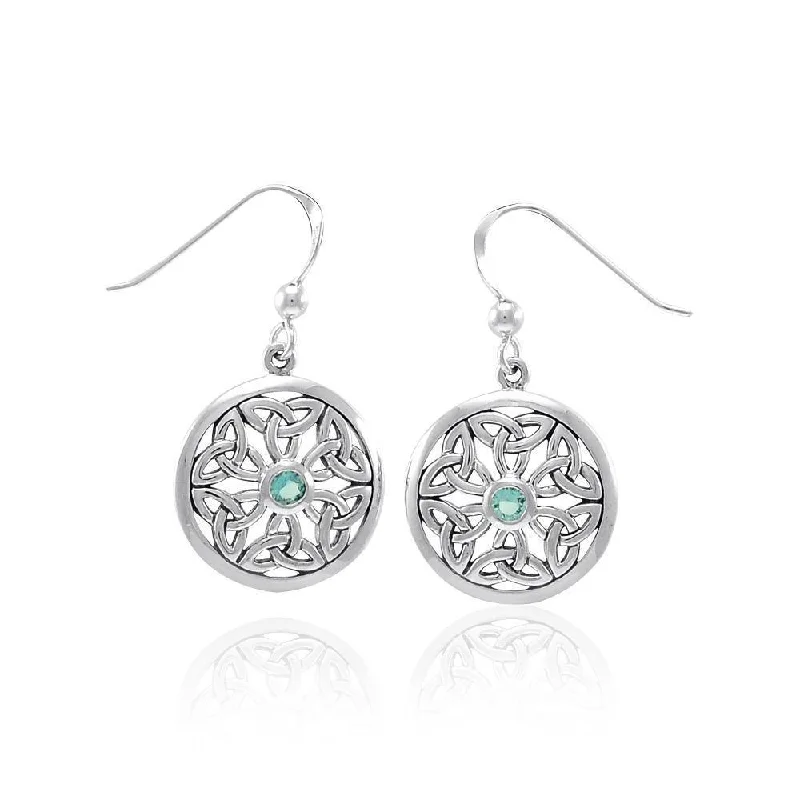 silver hoop earrings for women -Celtic Trinity Knot Silver Round Earrings with Gemstone TER1388