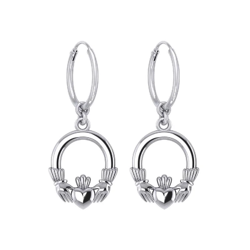 artistic gold earrings for women -Irish Claddagh Silver Hoop Earrings TER2099