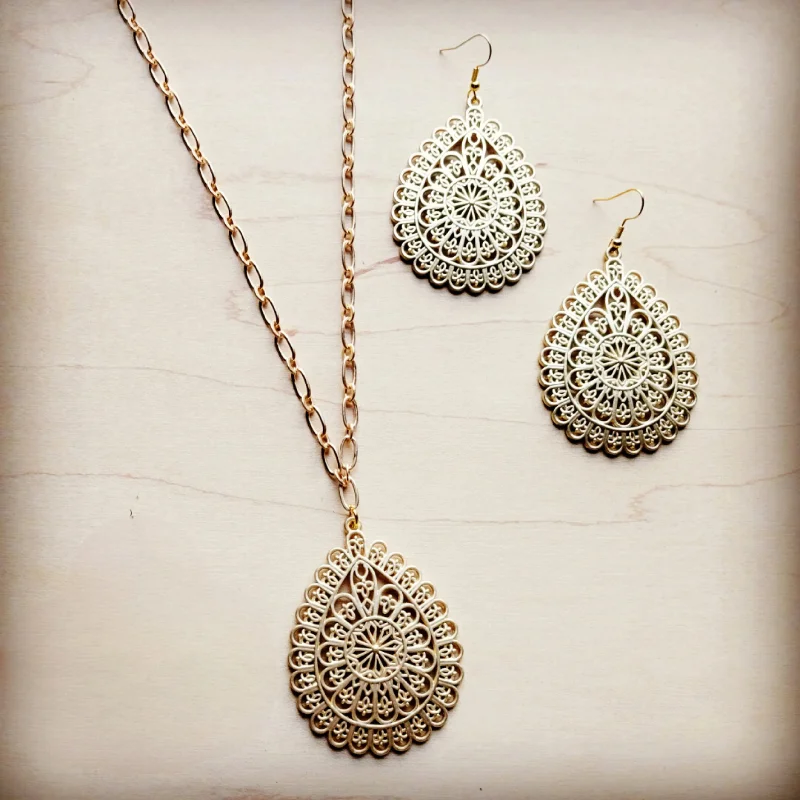 gold stud earrings for women -Matte Gold Filigree Necklace & Earring Set