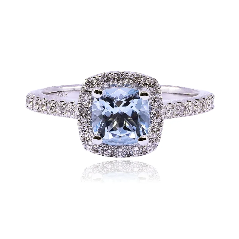 mixed metal engagement rings -14K WHITE GOLD AQUAMARINE AND DIAMOND RING