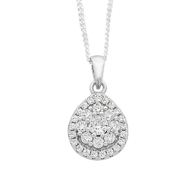 long necklaces for women -45cm Sterling Silver Cubic Zirconia Pear Halo Necklace