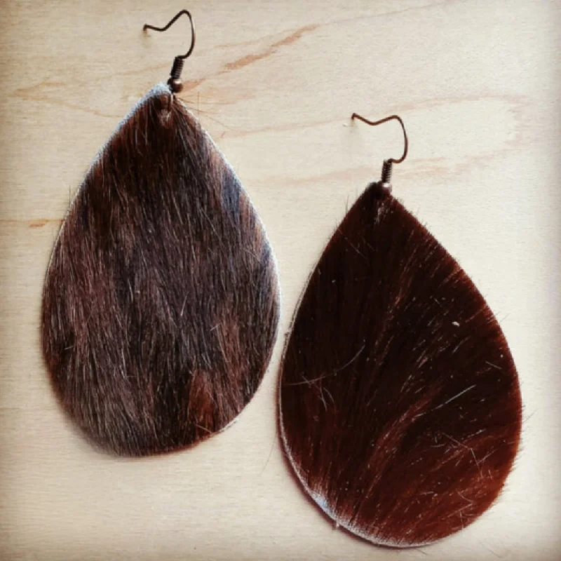 bold earrings for women -Leather Teardrop Earring-Brown Hair on Hide