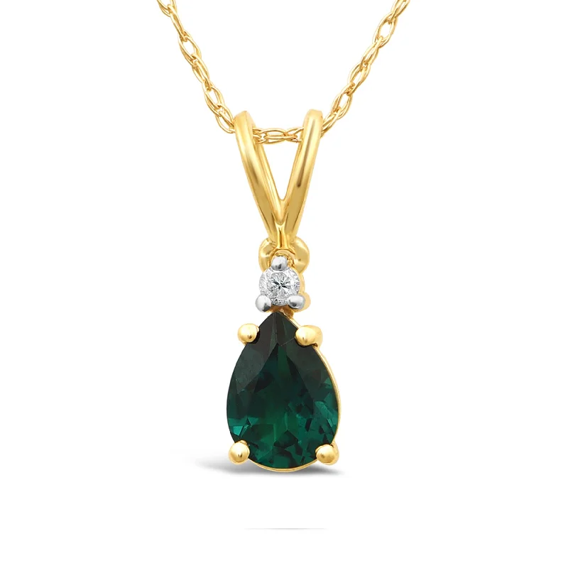 pearl pendant necklaces for women -Diamond Set Pear Created Emerald Necklace in 9ct Yellow Gold