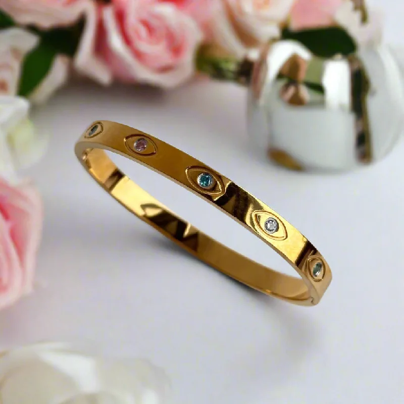 gold bangles with diamonds for women -All-Seeing Eye Stainless Steel Bangle with Multi-color Stones