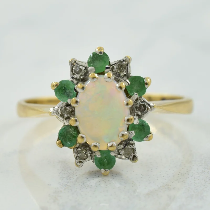 Vintage Opal Ring with Emerald & Diamond Halo | 0.50ctw, 0.03ctw | SZ 7.75 |