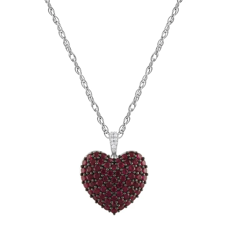 wedding necklaces for women -Sterling Silver Created Ruby and Diamond Heart Necklace