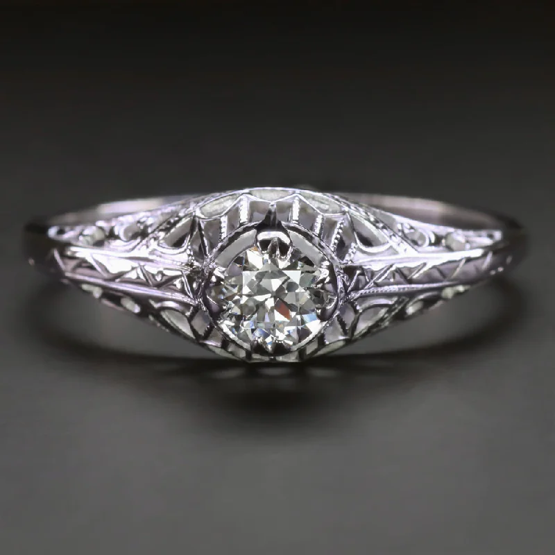 affordable custom engagement rings -ART DECO DIAMOND RING OLD EUROPEAN CUT 1/3ct VINTAGE FILIGREE 14k WHITE GOLD