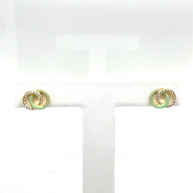 gold stud earrings for women -SMALTO - Silver 925 Gold Plated & Light Green Enamel Stud Earrings