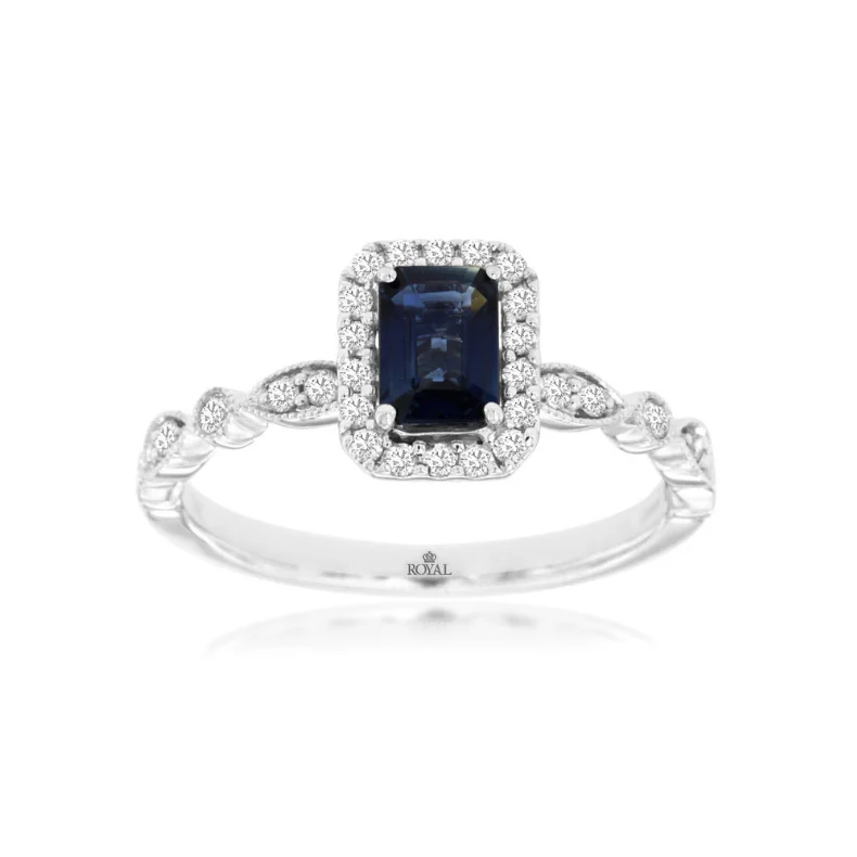 unique engagement rings with gemstones -14 Karat White Gold 1 Carat Emerald Cut Sapphire and Diamond Ring