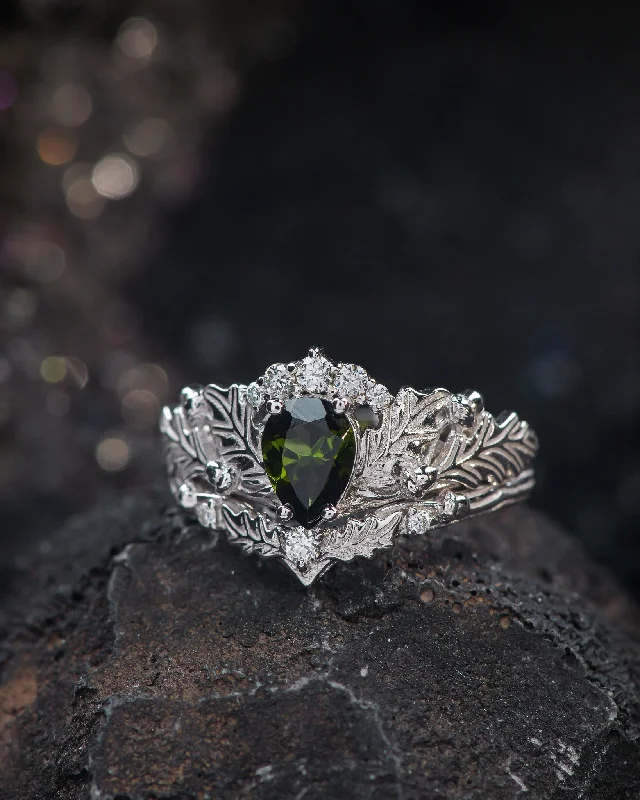 emerald and diamond engagement rings -READY TO SHIP: Oak leaves bridal ring set with natural tourmaline, nature inspired wedding rings, AVAILABLE RING SIZES: 5.5 - 8.5 US