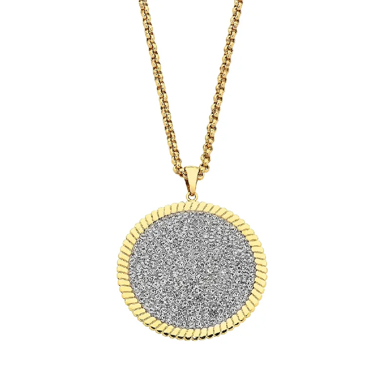 crystal charm necklaces for women -Gold Stainless Steel Pave Crystal and Disc Necklace