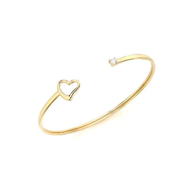 sterling silver bangles for women -9K Yellow Gold CZ & Heart Flexible Cuff Bangle