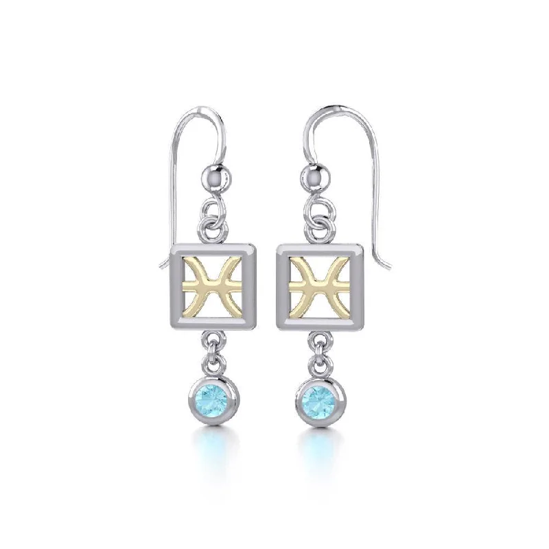 personalized earrings for women -Pisces Zodiac Sign Silver and Gold Earrings Jewelry with Aquamarine MER1768