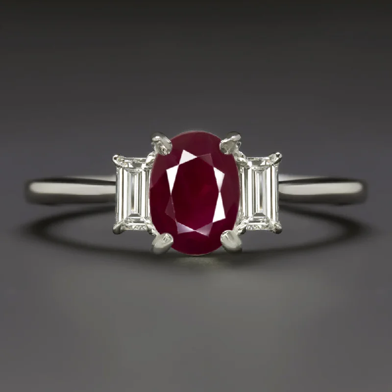 women’s unique gemstone engagement rings -1.60ct NATURAL RUBY DIAMOND RING OVAL SHAPE THREE STONE 14k WHITE GOLD COCKTAIL