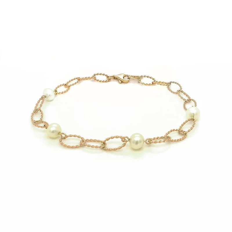 diamond bracelets for women -9K Yellow Gold Pearl & Twist Link Bracelet  /7’’