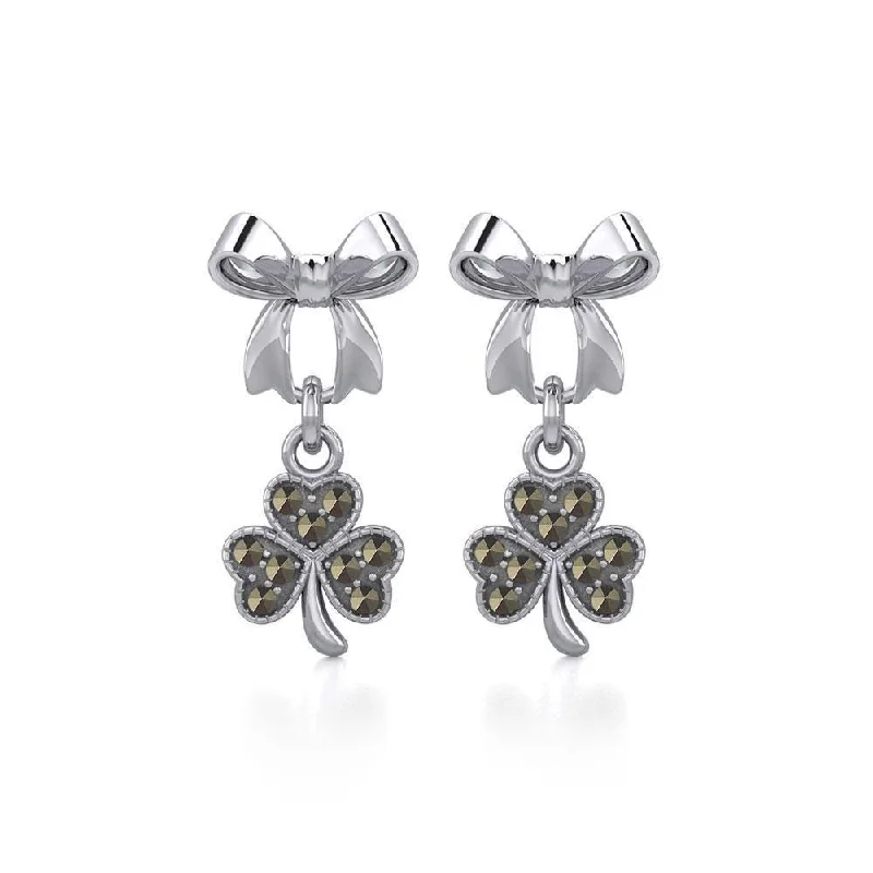 stud earrings for women -Ribbon with Dangling Marcasite Lucky Four Leaf Clover Silver Post Earrings TER1867