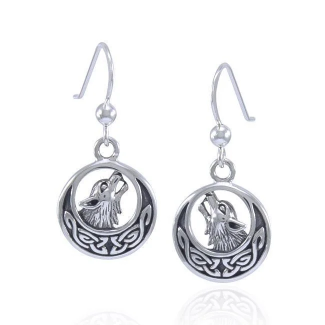 women’s bridal hoop earrings -Celtic Crescent Moon With Wolf Sterling Silver Earrings TER1493