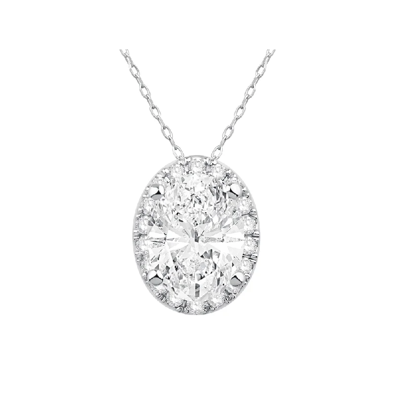 classic necklaces for women -Oval Halo Necklace with 1.10ct of Laboratory Grown Diamonds in 9ct White Gold