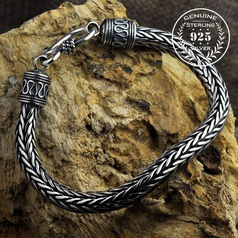 casual bangles for women -Scaled Ornamental Chain Bracelet - Sterling Silver