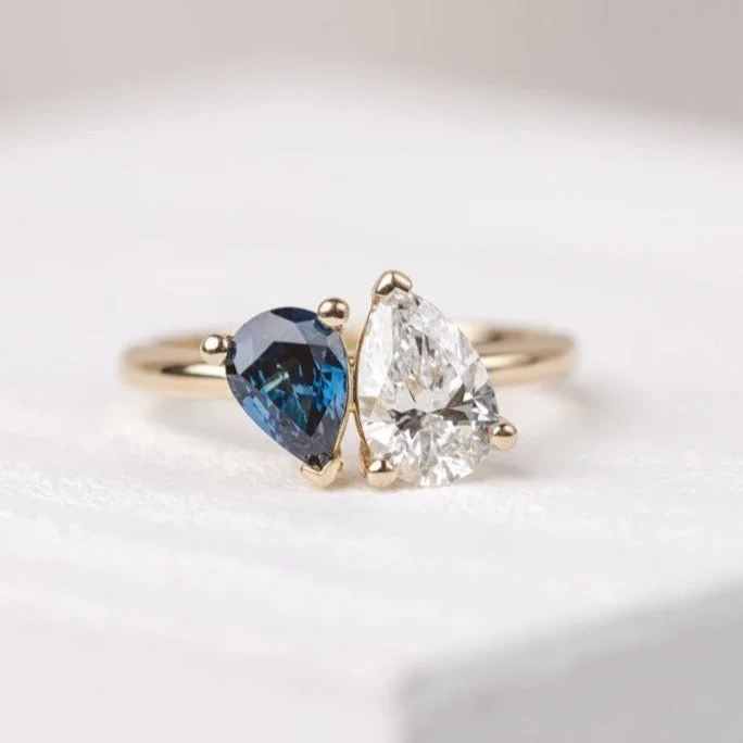 classic engagement rings for women -Lara Toi et Moi Pear Ceylon Sapphire and Lab Diamond Ring