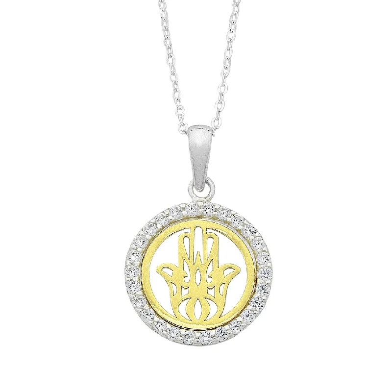 stylish chain necklaces for women -Sterling Silver Yellow Plated Hamsa Hand Cubic Zirconia Halo Necklace