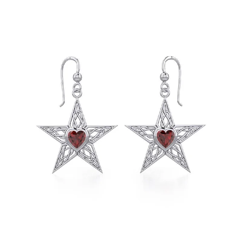 silver dangle earrings for women -Celtic Star Silver Earrings with Heart Gemstone TER1881