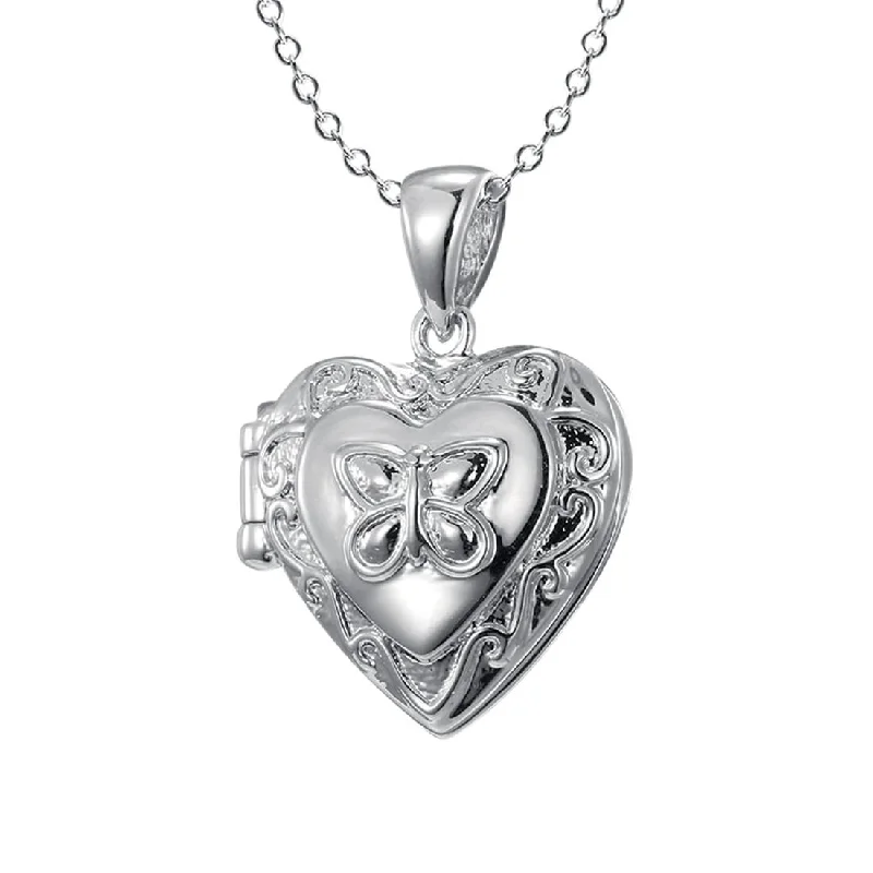 statement necklaces for women -45cm Children's Sterling Silver Engraved Heart Locket with Butterfly