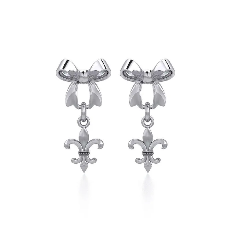 trendy earrings for women -Ribbon with Dangling Fleur De Lis Silver Post Earrings TER1868