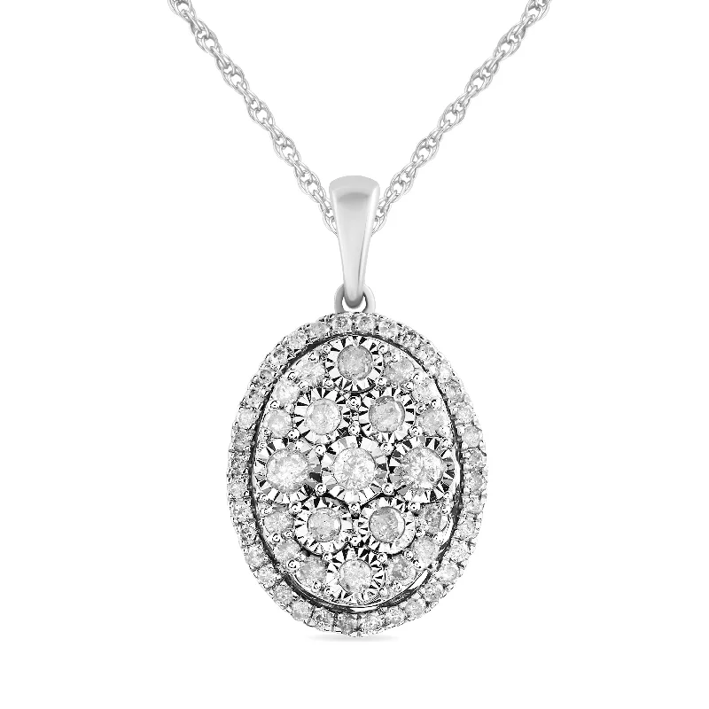 elegant silver necklaces for women -Halo Oval Necklace with 1/2ct of Diamonds in 9ct White Gold