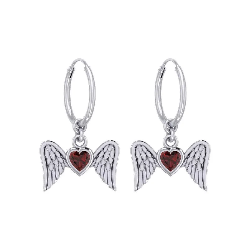 statement gold earrings for women -Gemstone Heart and Flying Angel Wings Silver Hoop Earrings TER2103