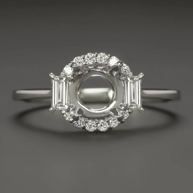 engagement rings for non-traditional brides -NATURAL DIAMOND RING SETTING FOR 7mm ROUND BAGUETTE HALO SEMI MOUNT ENGAGEMENT