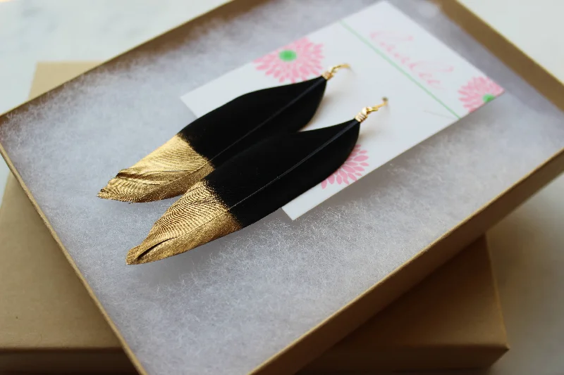 unique earrings for women -Gold Dipped Black Feather Earrings