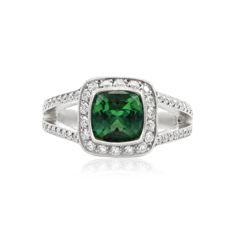 silver diamond engagement rings -Handmade platinum green tourmaline & diamond ring WITH ENGRAVED UNDER GALLERY