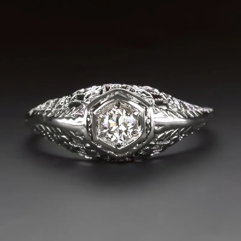 antique engagement rings -ART DECO DIAMOND RING OLD EUROPEAN CUT 1/4ct VINTAGE FILIGREE 18k WHITE GOLD