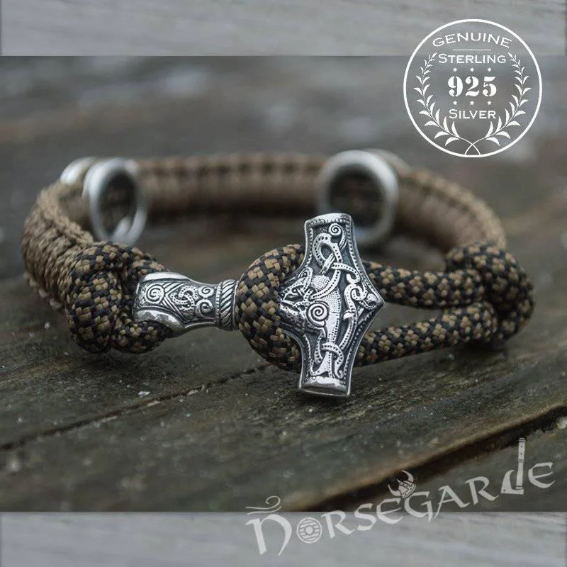 women’s stretch bracelets -Handcrafted Bark Paracord Bracelet with Mjölnir and Runes - Sterling Silver