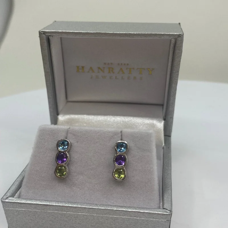 intricate design earrings for women -Multi - Coloured Stone Earrings  - Sterling Silver