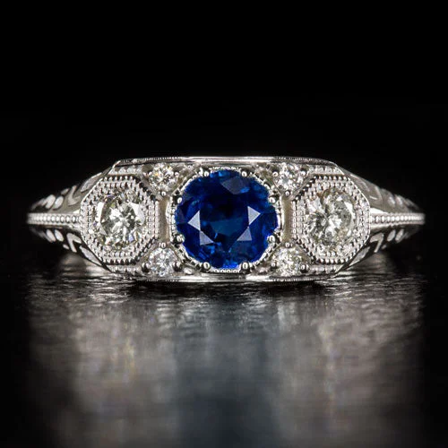 vintage style engagement rings -VINTAGE STYLE ART DECO 3 STONE BLUE SAPPHIRE DIAMOND RING 14k WHITE GOLD ROUND