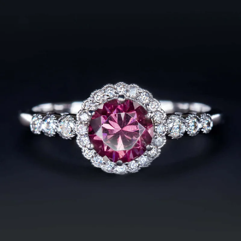 anniversary engagement rings -RHODOLITE GARNET NATURAL DIAMOND RING VINTAGE HALO WHITE GOLD PINK PURPLE ROUND