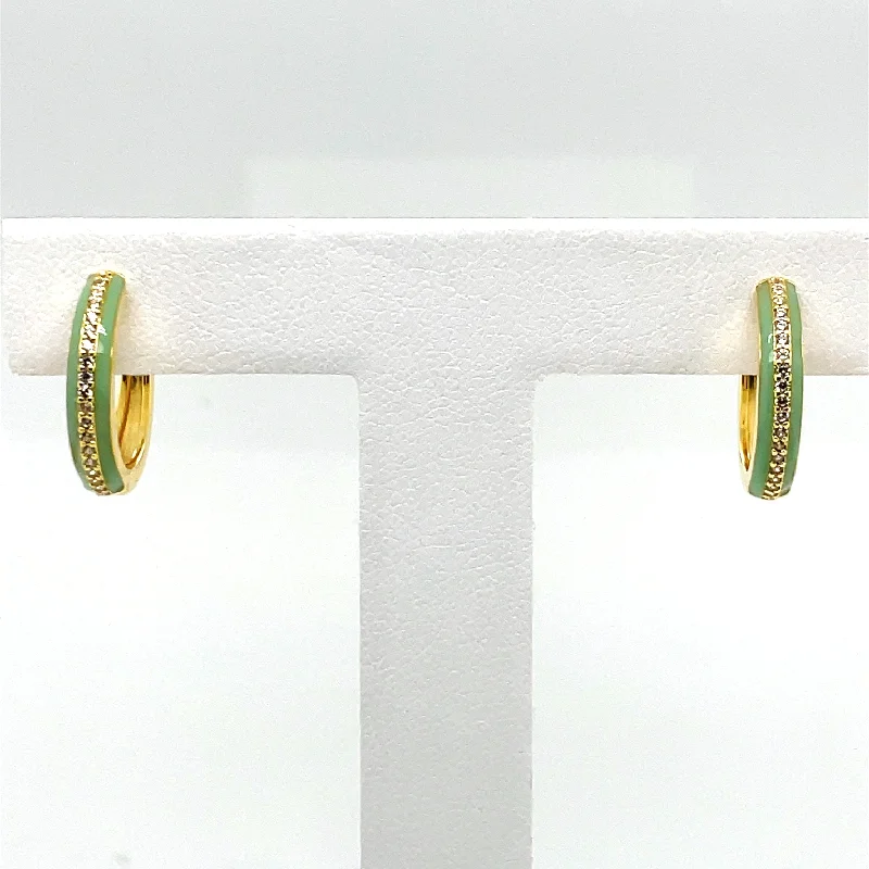 vintage earrings for women -SMALTO - Silver 925 Gold Plated & Light Green Enamel Hoop Looped Earrings