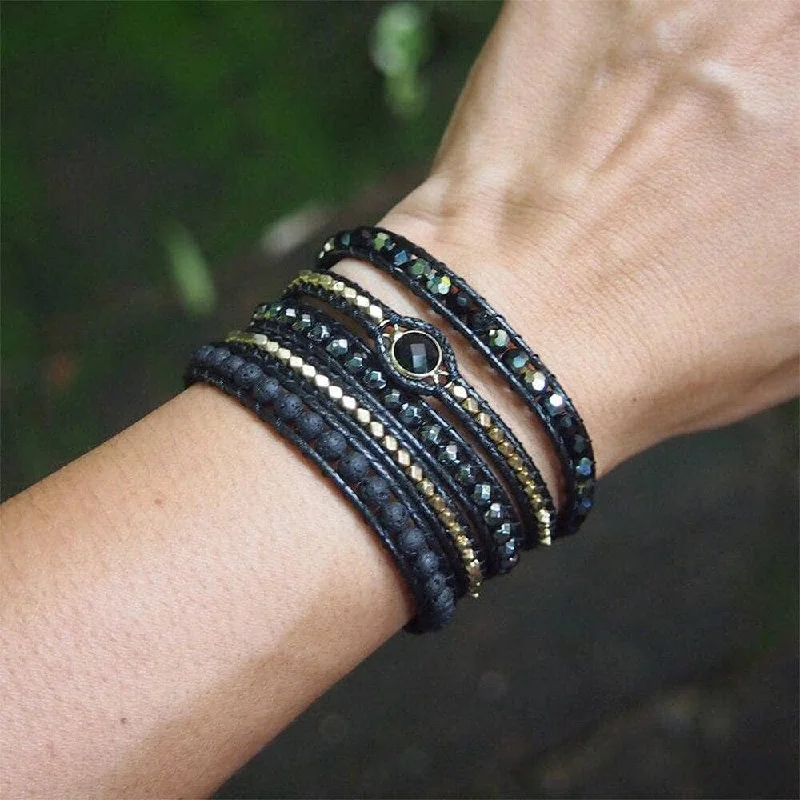 boho-style bracelets for women -Bohemian Black Mix Natural Stone Beadwork 5 Wraps Bracelet